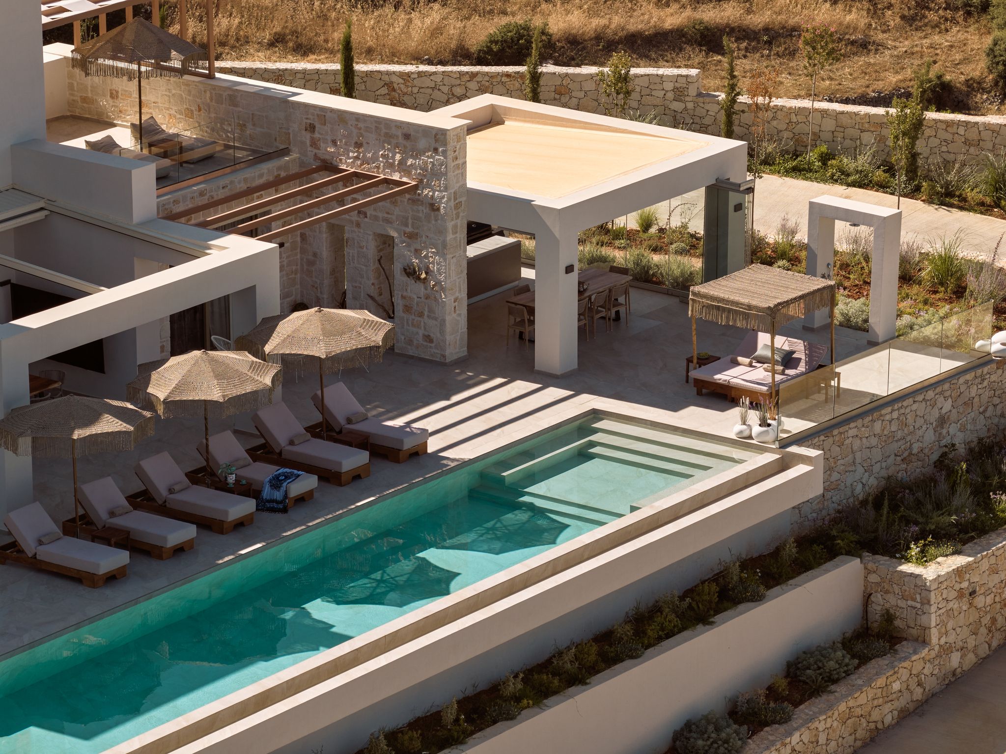 Aerial view of the villa pool terrace in Zakynthos