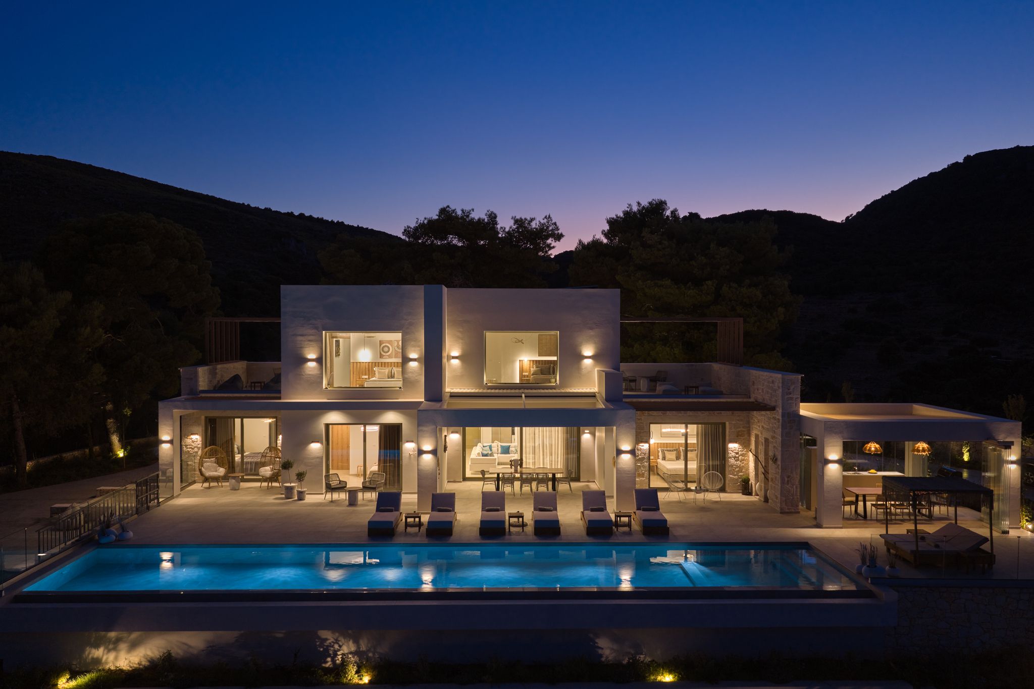 Segreto Del Lusso luxury villa illuminated at night, Zakynthos