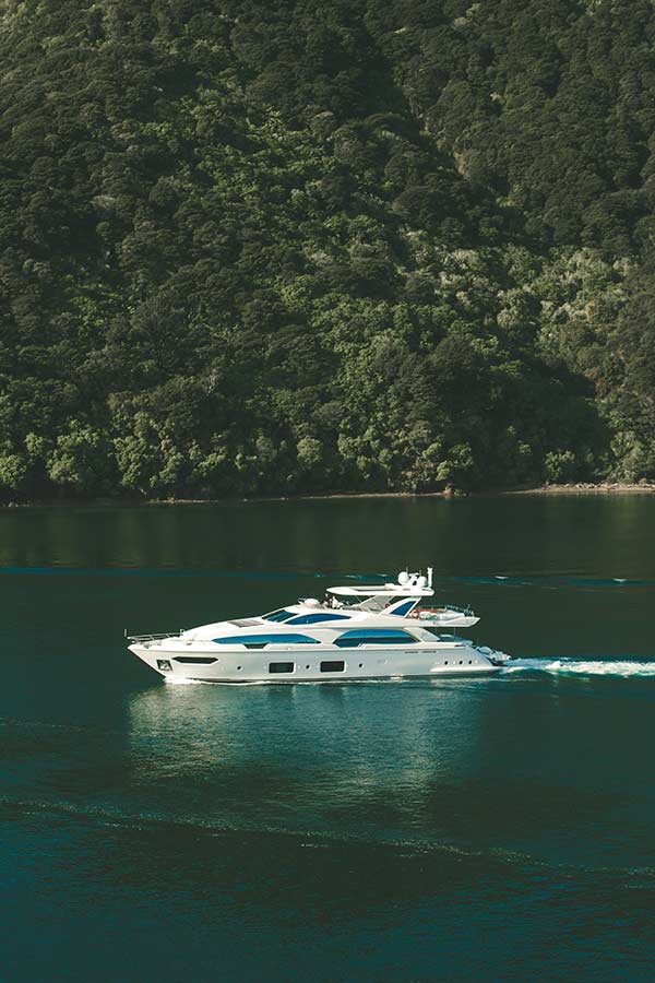 Luxury motor yacht cruising along the Zakynthos coast