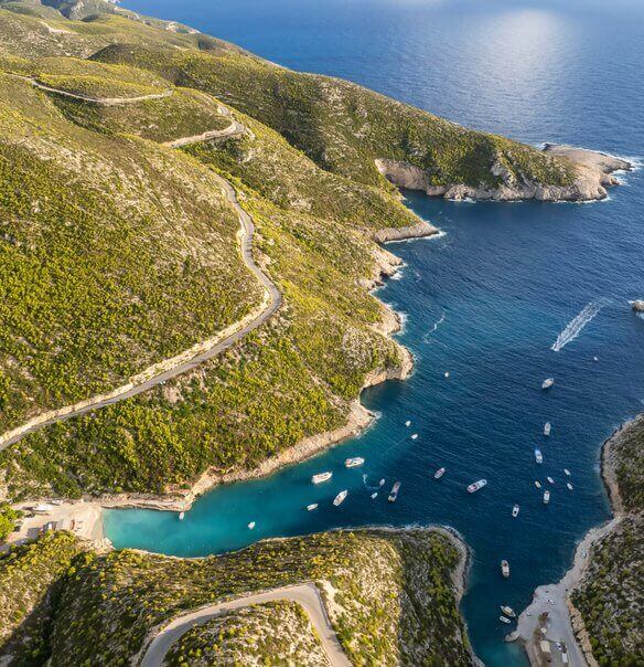 Aerial view of Porto Vromi bay and its turquoise waters, Zakynthos