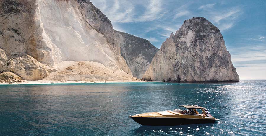 Speedboat near the white cliffs of Zakynthos