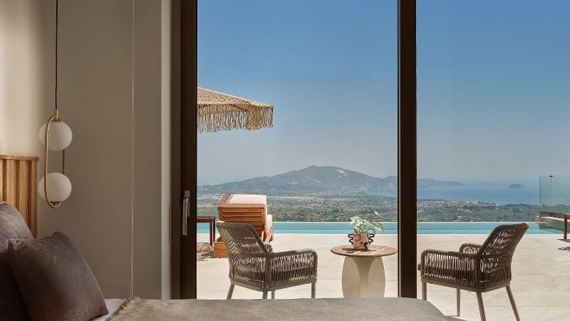 Bedroom window with pool and sea view – Segreto Del Lusso, Zakynthos