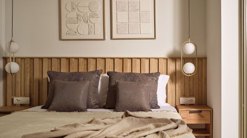 Bedroom with wood panel headboard and wall art – Segreto Del Lusso, Zakynthos